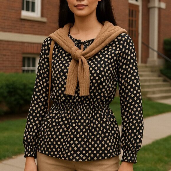 Theory Silk Blend Peplum Tie Neck Blouse Black Gold Burnout XL - Picture 1 of 7